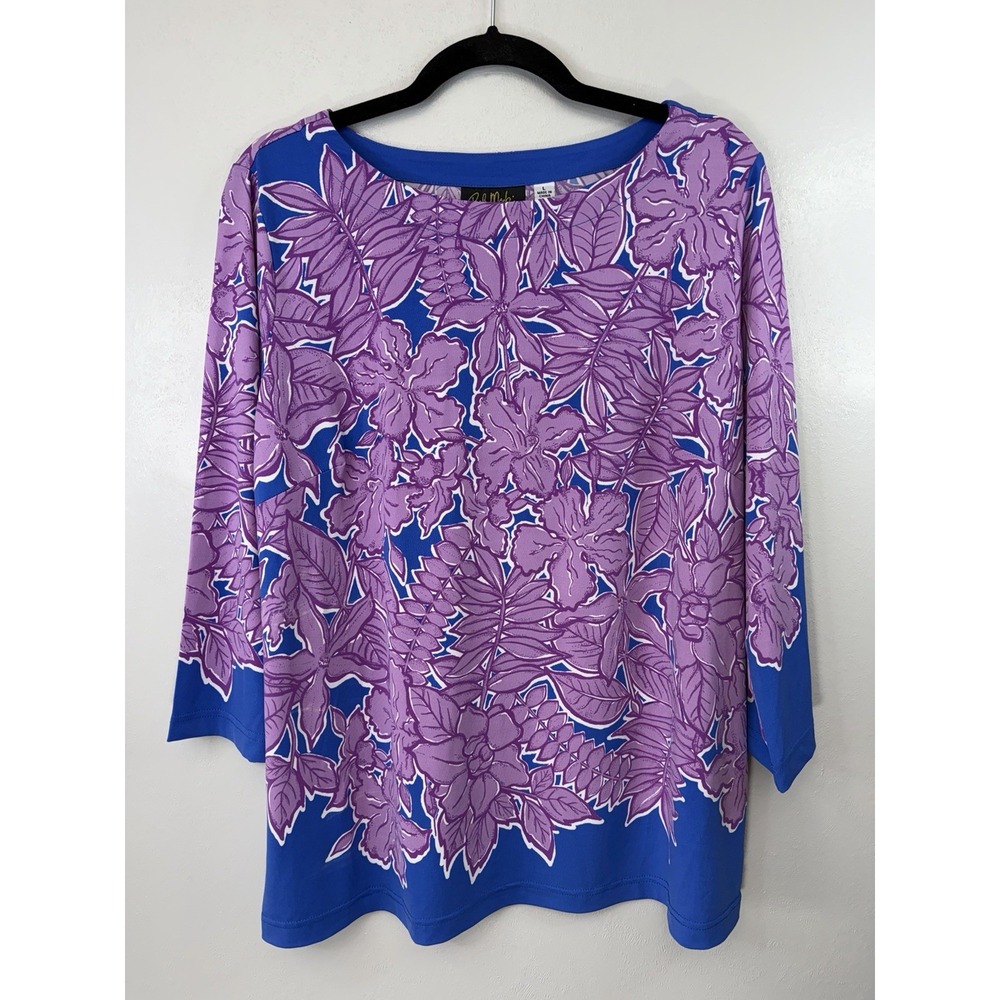 Bob Mackie‎ Wearable Art Blue Tunic W Lavender Flowers Scoopneck Size L
